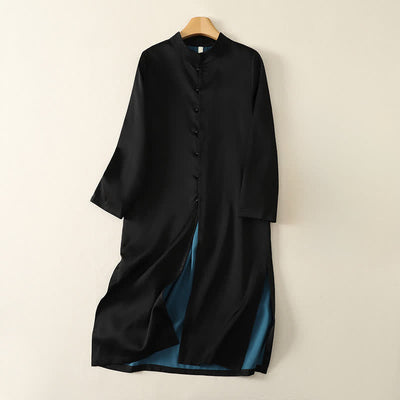 Buddha Stones Spring Fall Tang Style Elegant Mandarin Collar Side Slit Solid Women's Long Sleeve Dresses - Black - US12, UK/AU16, EU44 (2XL) - image 0