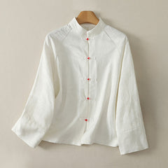 Buddha Stones Spring Fall Tang Style Vintage Frog Button Solid Women's Long Sleeve Shirts - Ivory - US14, UK/AU18, EU46 (2XL) - image 0