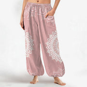 Foviel Baumwolle Boho weiß Mandala Muster Damen elastische Taille Harem Hose mit seitlichen Taschen