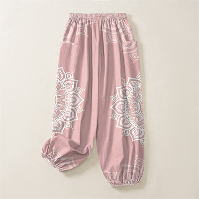 Buddha Stones Cotton Boho White Mandala Pattern Women's Elastic Waist Harem Pants With Side Pockets - image 3