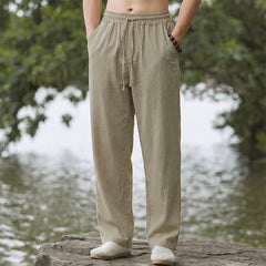 Buddha Stones Fall Casual Plain Drawstring Solid Long Pants Men's Straight Leg Pants With Pocket - Tan - US/UK/AU42, EU52 (3XL) - image 0