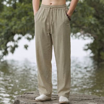 Buddha Stones Fall Casual Plain Drawstring Solid Long Pants Men's Straight Leg Pants With Pocket - Tan - US/UK/AU42, EU52 (3XL) - image 0