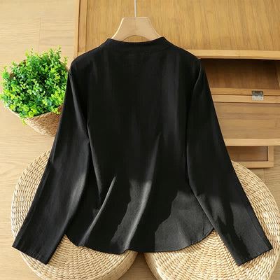 Buddha Stones Fall Casual Vintage Black Tang Style Frog Button Solid Women's Long Sleeve Shirts - image 1