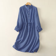 Foviel Frühling Herbst Casual Tunnelzug Blau Streifen Damen lange Ärmel Kleid mit Taschen