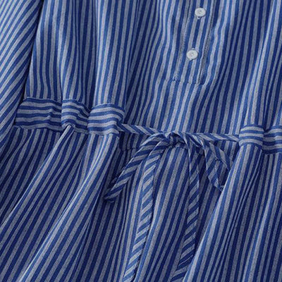 Buddha Stones Spring Fall Casual Drawstring Blue Striped Women's Long Sleeve Dress With Pockets - image 4