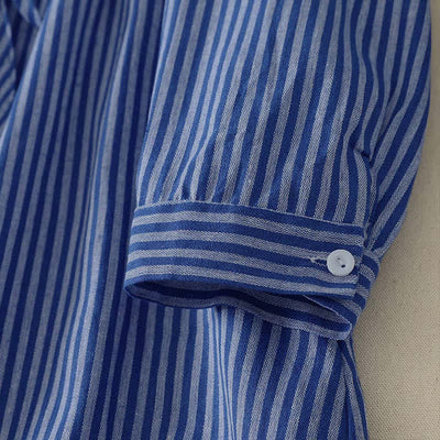 Buddha Stones Spring Fall Casual Drawstring Blue Striped Women's Long Sleeve Dress With Pockets - image 7