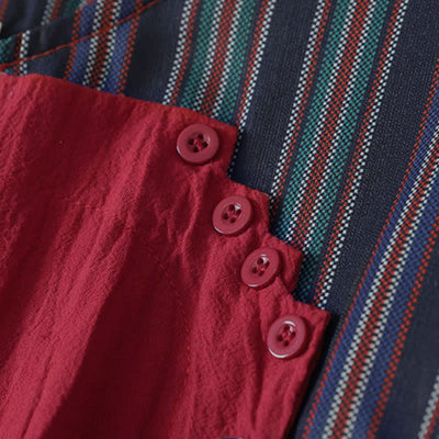 Buddha Stones Fall Tang Style Casual Knot Button Red Colorful Striped Women's Long Sleeve Dress With Pockets - image 4