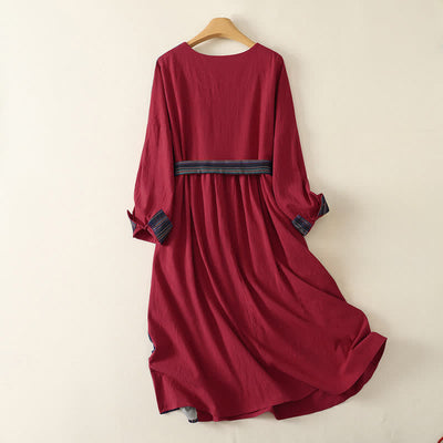 Buddha Stones Fall Tang Style Casual Knot Button Red Colorful Striped Women's Long Sleeve Dress With Pockets - image 1