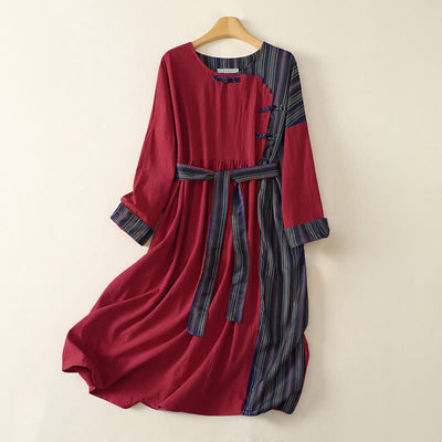 Buddha Stones Fall Tang Style Casual Knot Button Red Colorful Striped Women's Long Sleeve Dress With Pockets - Firebrick - US12, UK/AU16, EU44 (2XL) - image 0