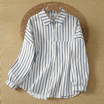 Buddha Stones Spring Casual Minimalist Button-Up Vertical Striped Women's Long Sleeve Shirts - White - US12, UK/AU16, EU44 (2XL) - image 4