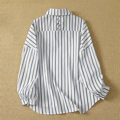 Buddha Stones Spring Casual Minimalist Button-Up Vertical Striped Women's Long Sleeve Shirts - image 5
