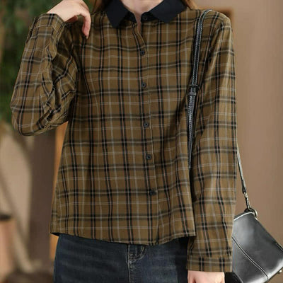 Buddha Stones Fall Casual Vintage Button-Up Contrast Collar Plaid Women's Long Sleeve Shirts - image 2