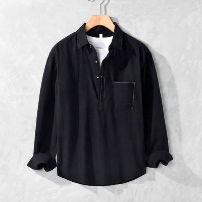 Buddha Stones Spring Fall Casual Button-Up Solid Cotton Men's Long Sleeve Shirts With Patch Pocket - Black - US/UK/AU42, EU52 (3XL) - image 19