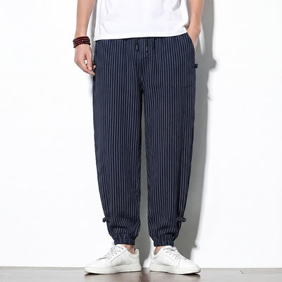 Buddha Stones Spring Summer Basic Drawstring Striped Cropped Pants Men's Tapered Pants With Pockets - MidnightBlue - US/UK/AU46, EU56 (5XL) - image 0