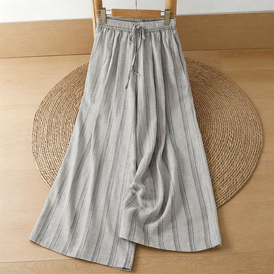 Buddha Stones Spring Summer Casual Drawstring Striped Cropped Pants Women's Wide Leg Pants With Pockets - Linen - US8-10, UK/AU12-14, EU40-42 (2XL) - image 0
