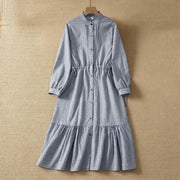 Foviel Frühling Casual Knopf nach oben Plaid Damen lange Ärmel Kleid