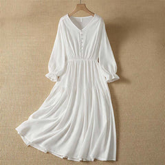 Buddha Stones Spring Boho Button-Up Solid Women's Long Sleeve Dress With Pocket - White - US8-10, UK/AU12-14, EU40-42 (2XL) - image 0