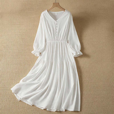 Buddha Stones Spring Boho Button-Up Solid Women's Long Sleeve Dress With Pocket - White - US8-10, UK/AU12-14, EU40-42 (2XL) - image 0