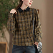 Foviel Fall Casual Vintage Button-Up Contrast Collar Plaid Women's Long Sleeve Shirts