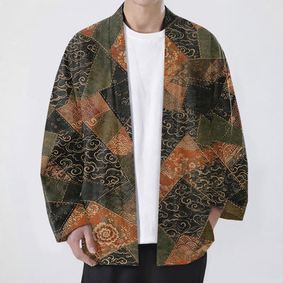 Buddha Stones Cotton Vintage Patchwork Waves Pattern Open Front Men's Kimono - Black - US/UK/AU48，EU58 (4XL) - image 0