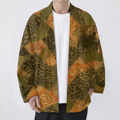 Buddha Stones Cotton Vintage Patchwork Waves Pattern Open Front Men's Kimono - DarkOliveGreen - US/UK/AU48，EU58 (4XL) - image 6