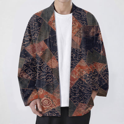 Buddha Stones Cotton Vintage Patchwork Waves Pattern Open Front Men's Kimono - Navy - US/UK/AU48，EU58 (4XL) - image 9