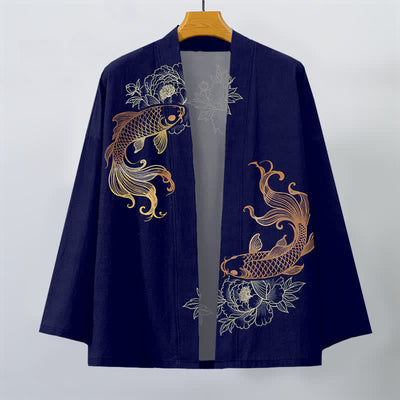 Buddha Stones Cotton Twin Koi Blossom Pattern Open Front Men's Kimono - image 1