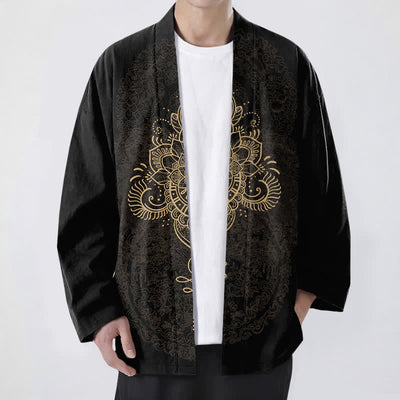 Buddha Stones Cotton Symmetrical Floral Mandala Pattern Open Front Men's Kimono - Black - US/UK/AU48，EU58 (4XL) - image 0