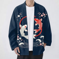 Buddha Stones Cotton Twin Koi Sakura Waves Pattern Open Front Men's Kimono - Navy - US/UK/AU48，EU58 (4XL) - image 0