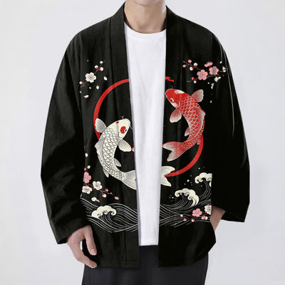 Buddha Stones Cotton Twin Koi Sakura Waves Pattern Open Front Men's Kimono - Black - US/UK/AU48，EU58 (4XL) - image 9