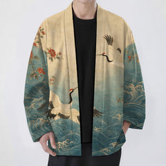Buddha Stones Cotton White Crane Floral Waves Pattern Open Front Men's Kimono - Teal - US/UK/AU48，EU58 (4XL) - image 0