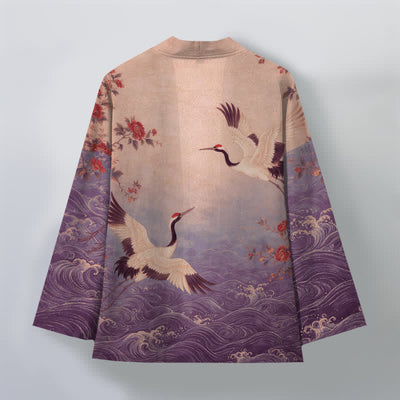 Buddha Stones Cotton White Crane Floral Waves Pattern Open Front Men's Kimono - image 8