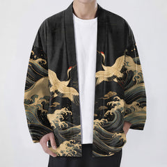 Buddha Stones Cotton Golden Crane Rolling Waves Pattern Open Front Men's Kimono - Black - US/UK/AU48，EU58 (4XL) - image 0