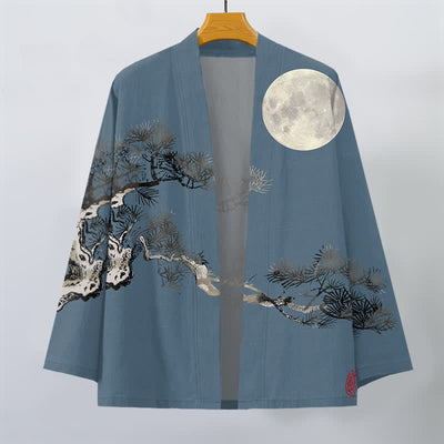 Buddha Stones Cotton Full Moon Pine Tree Pattern Open Front Men's Kimono - image 1