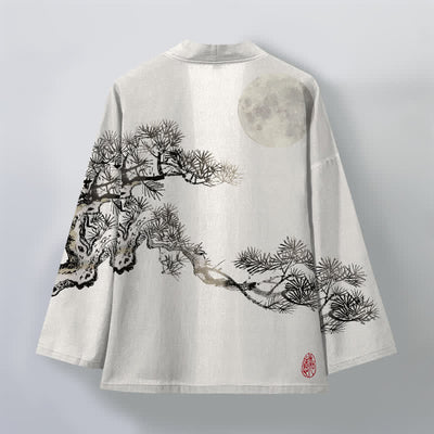 Buddha Stones Cotton Full Moon Pine Tree Pattern Open Front Men's Kimono - image 8