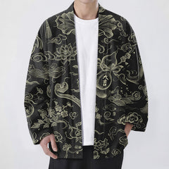 Buddha Stones Cotton Lotus Cloud Linework Pattern Open Front Men's Kimono - Black - US/UK/AU48，EU58 (4XL) - image 0