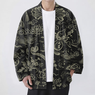Buddha Stones Cotton Lotus Cloud Linework Pattern Open Front Men's Kimono - Black - US/UK/AU48，EU58 (4XL) - image 0