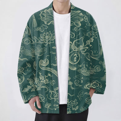 Buddha Stones Cotton Lotus Cloud Linework Pattern Open Front Men's Kimono - SeaGreen - US/UK/AU48，EU58 (4XL) - image 6