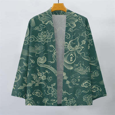 Buddha Stones Cotton Lotus Cloud Linework Pattern Open Front Men's Kimono - image 7