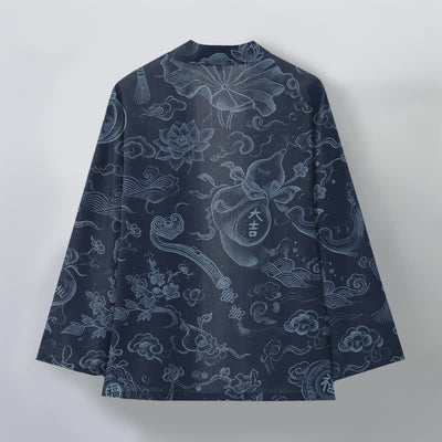 Buddha Stones Cotton Lotus Cloud Linework Pattern Open Front Men's Kimono - image 11
