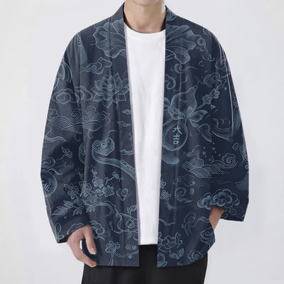 Buddha Stones Cotton Lotus Cloud Linework Pattern Open Front Men's Kimono - Navy - US/UK/AU48，EU58 (4XL) - image 9