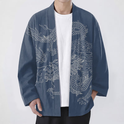Buddha Stones Cotton White Dragon Cloud Pattern Open Front Men's Kimono - SteelBlue - US/UK/AU48，EU58 (4XL) - image 0