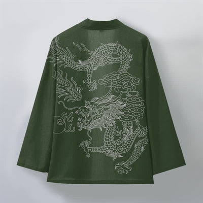Buddha Stones Cotton White Dragon Cloud Pattern Open Front Men's Kimono - image 8
