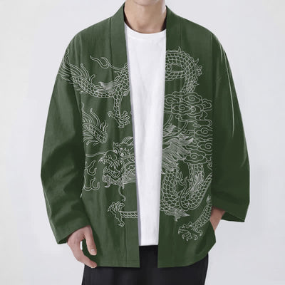 Buddha Stones Cotton White Dragon Cloud Pattern Open Front Men's Kimono - DarkGreen - US/UK/AU48，EU58 (4XL) - image 6