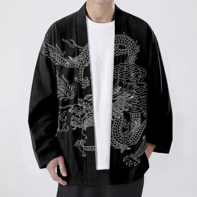 Buddha Stones Cotton White Dragon Cloud Pattern Open Front Men's Kimono - Black - US/UK/AU48，EU58 (4XL) - image 9