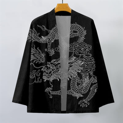Buddha Stones Cotton White Dragon Cloud Pattern Open Front Men's Kimono - image 10