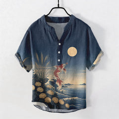 Buddha Stones Cotton Koi Fish Wave Moon Pattern Men's Short Sleeve Half Button Shirt - Navy - US/UK/AU50，EU60 (5XL) - image 0