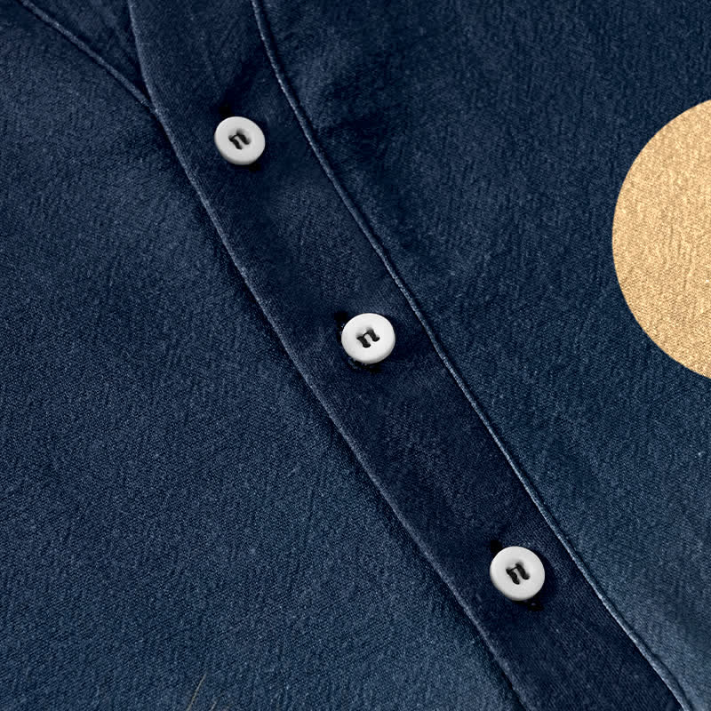 Buddha Stones Cotton Koi Fish Wave Moon Pattern Men's Short Sleeve Half Button Shirt - image 3