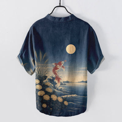 Buddha Stones Cotton Koi Fish Wave Moon Pattern Men's Short Sleeve Half Button Shirt - image 1