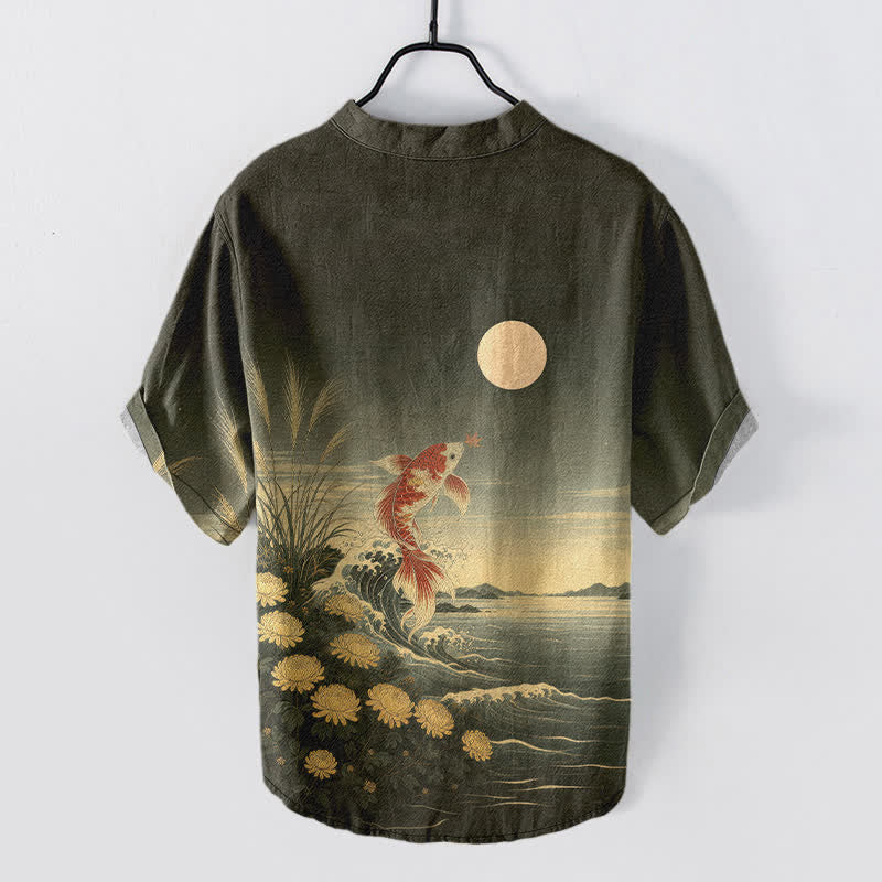 Buddha Stones Cotton Koi Fish Wave Moon Pattern Men's Short Sleeve Half Button Shirt - image 6